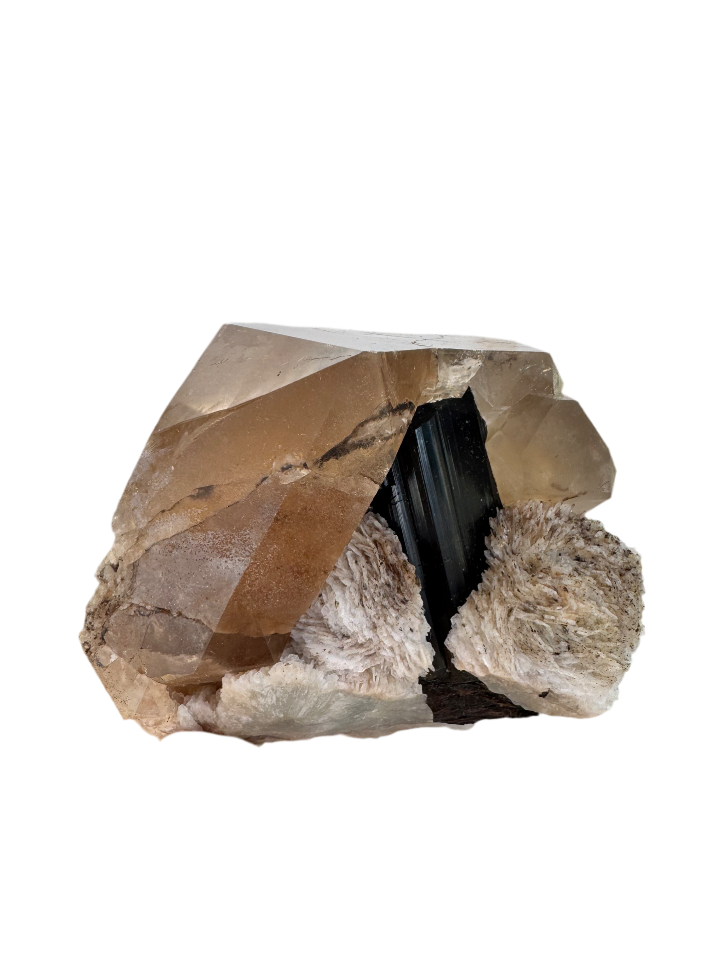 Large terminate Schorl on Clevelandite grown into Smokey Quartz